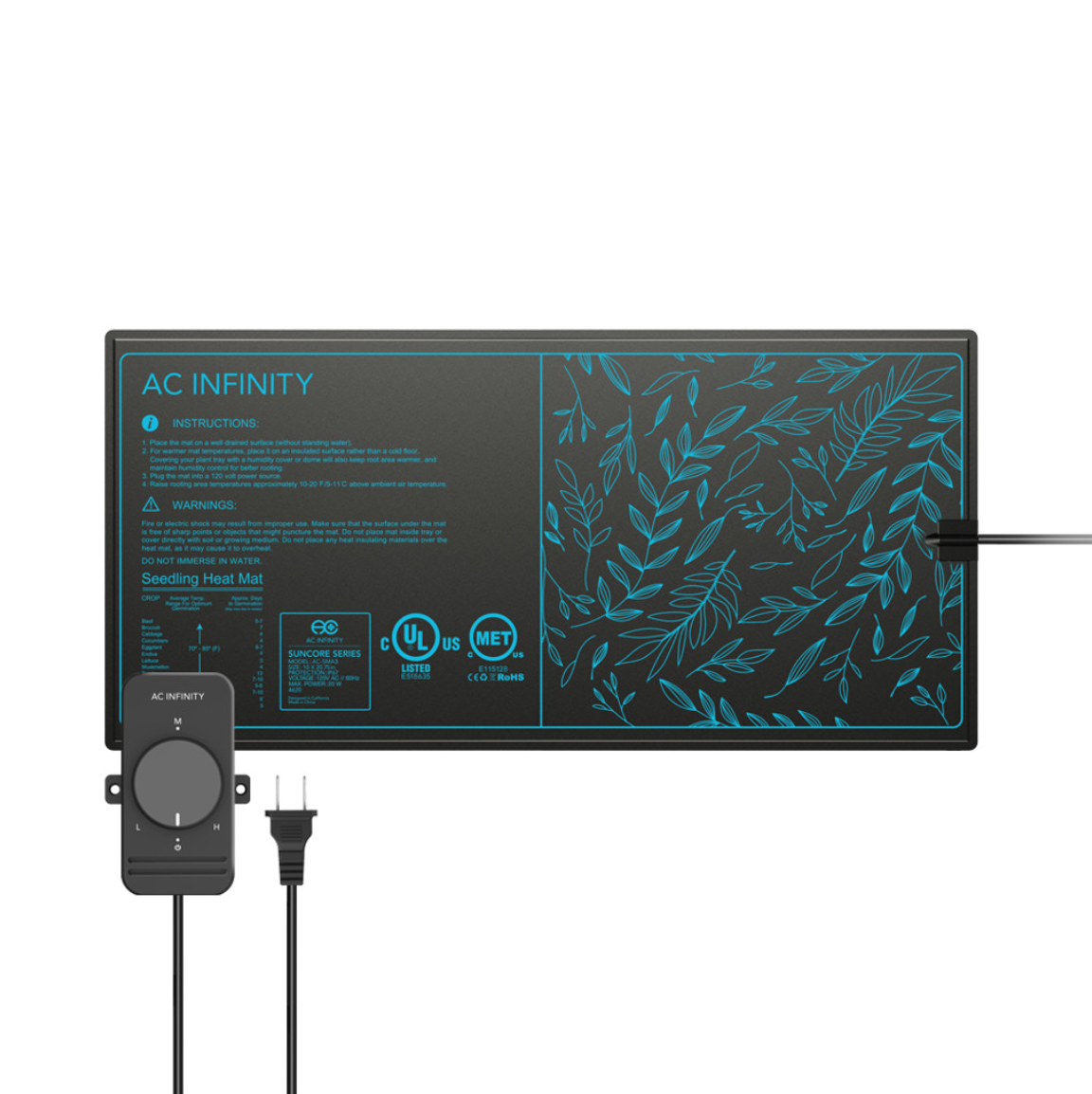 AC Infinity SUNCORE S3 Seedling Heat Mat with adjustable heat controller, measuring 10 by 20.75 inches