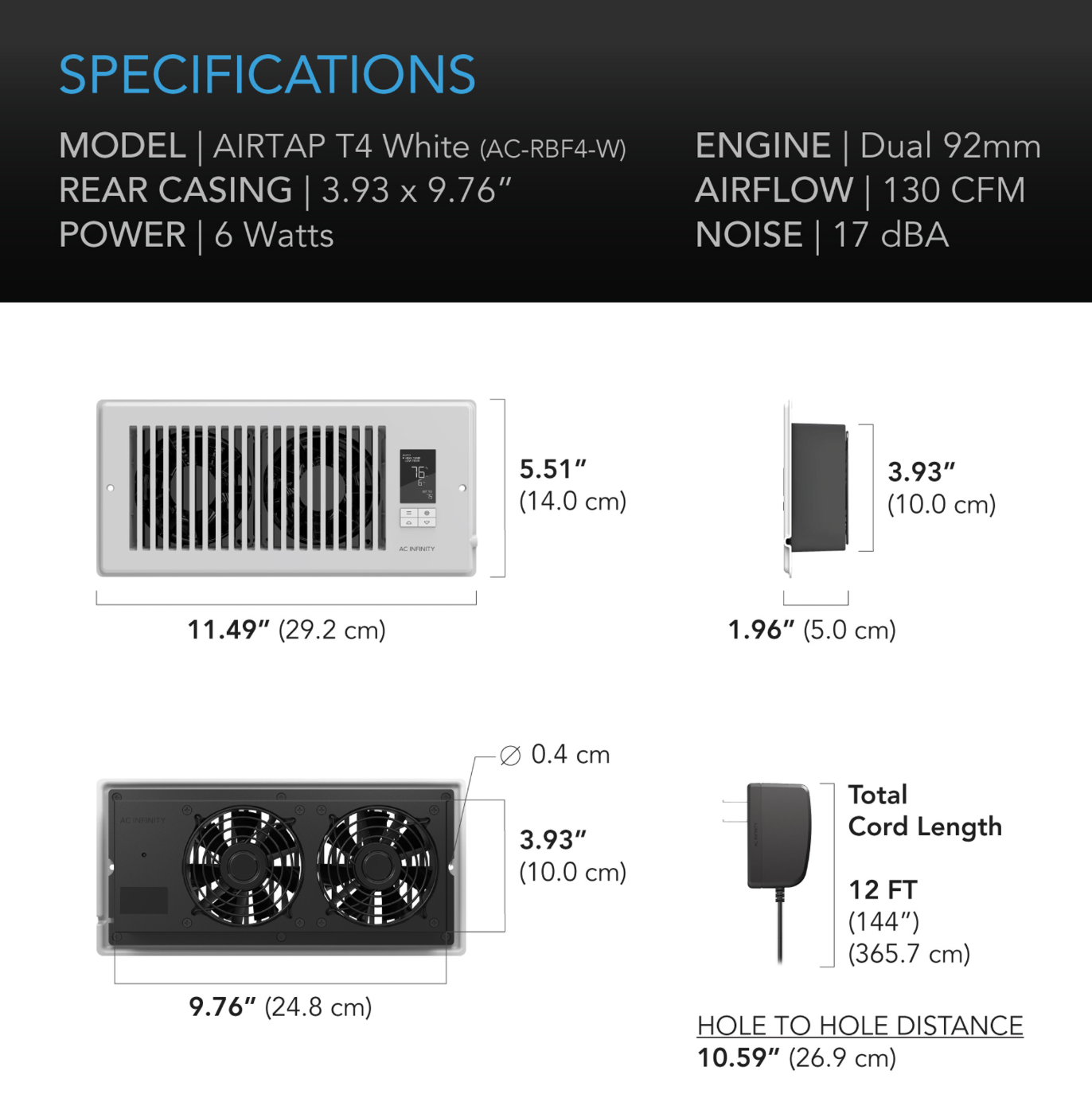 AIRTAP T4, Quiet Register Booster Fan, Tech Specs