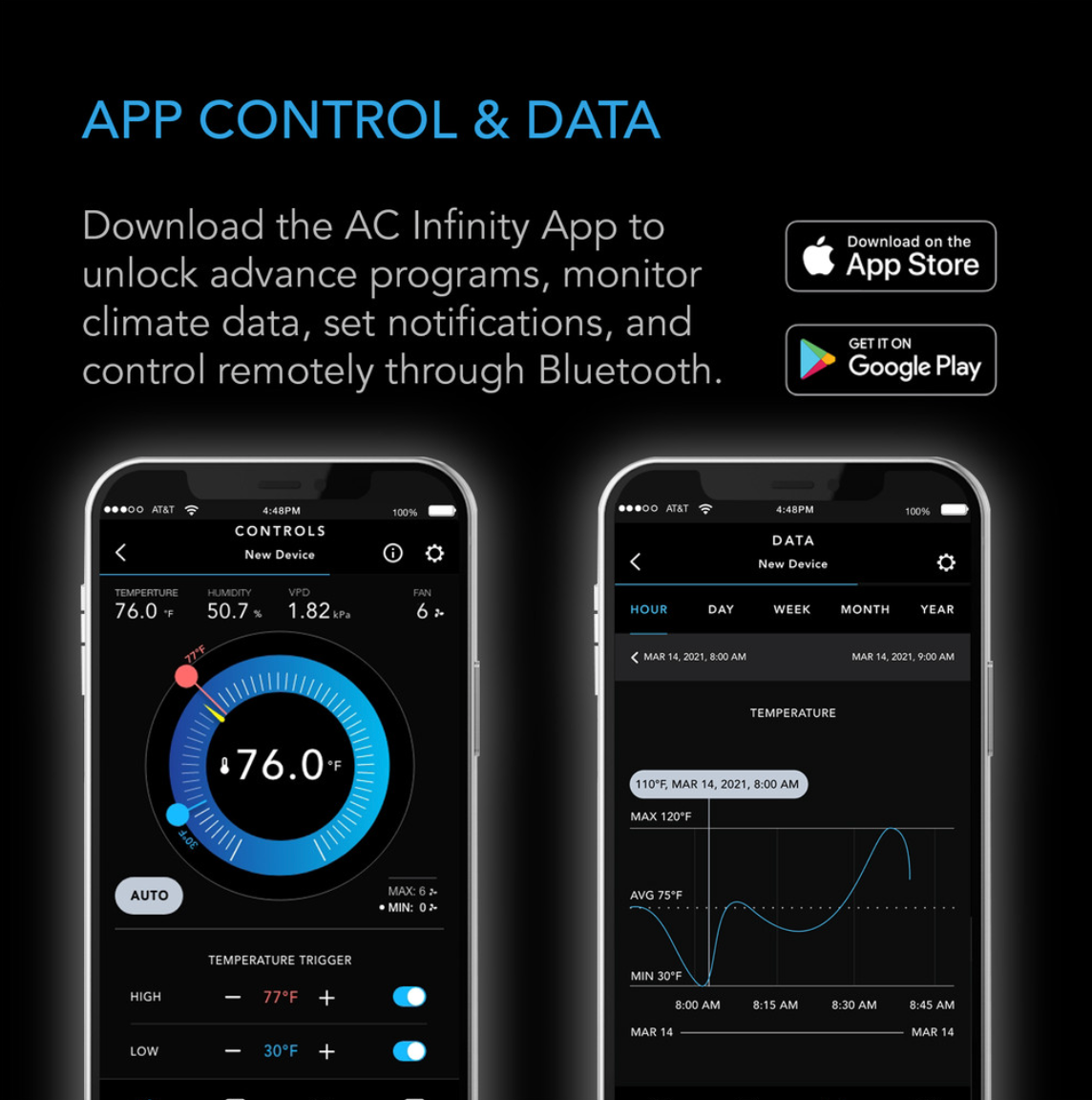 Two smartphone screens displaying app interfaces for controlling and monitoring climate data with text about downloading the AC Infinity App.