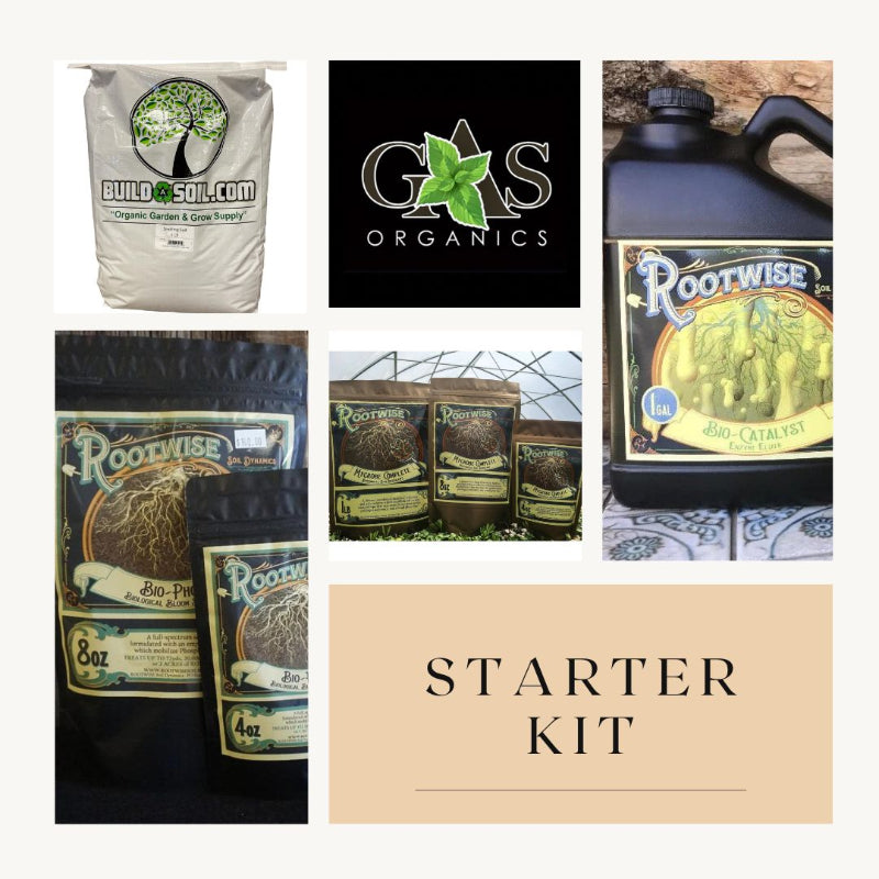 Organic gardening starter kit featuring BuildASoil organic soil, Gas Organics products, and Rootwise Bio-Catalyst supplements for optimal plant root development and growth.