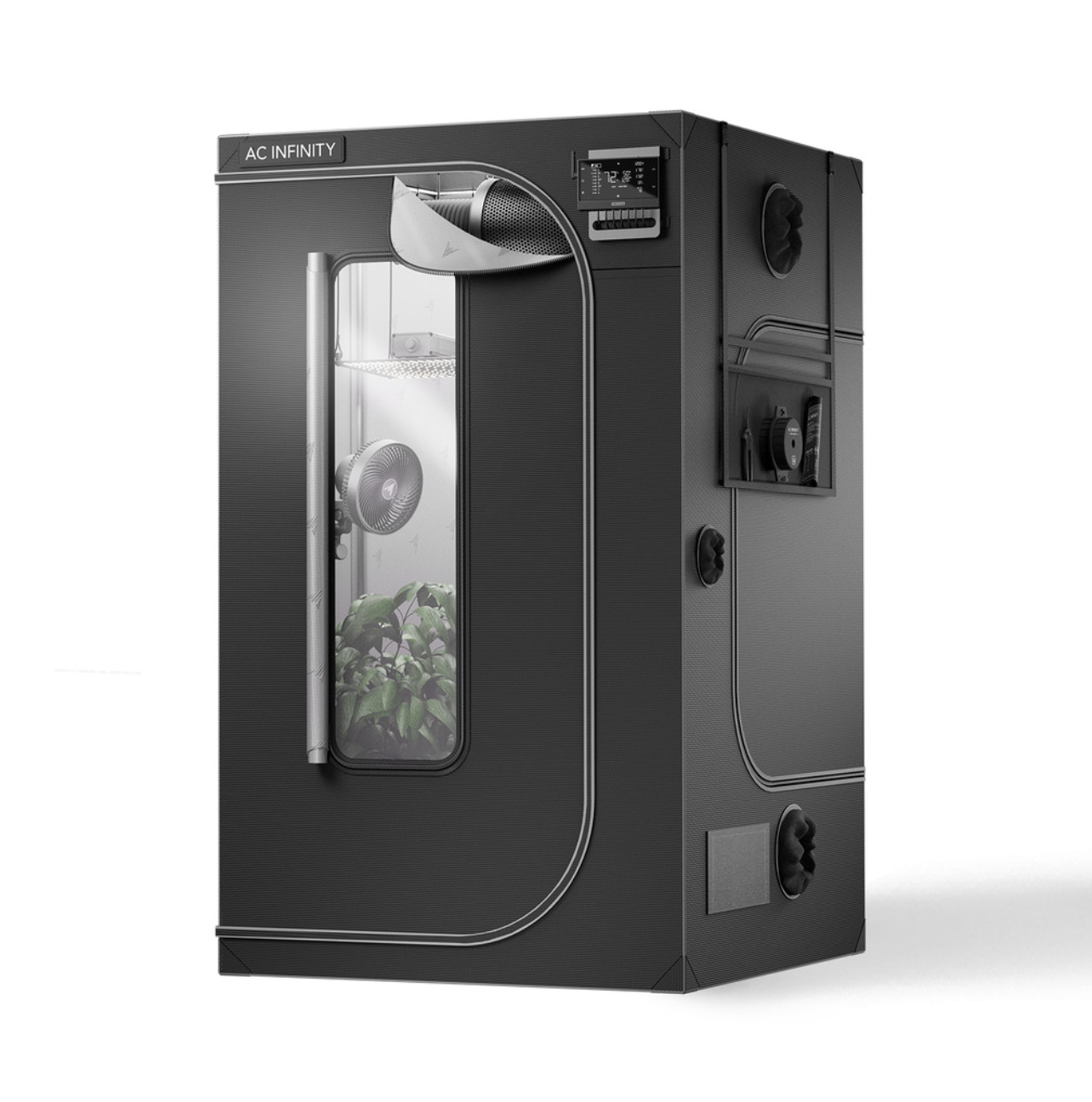 Black grow tent with AC Infinity branding on a white background