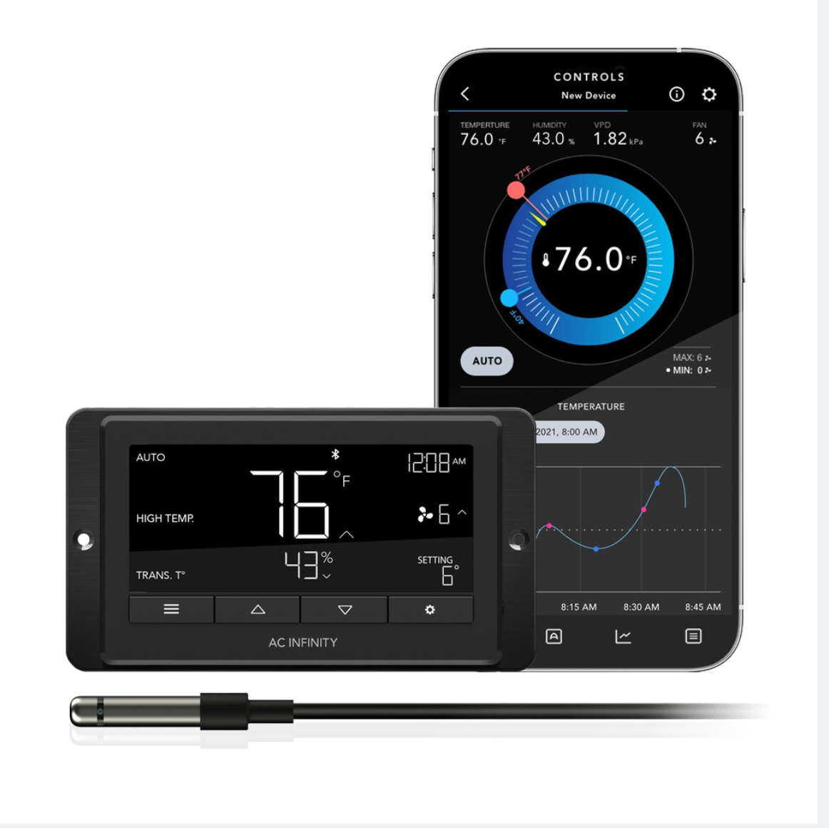 Two digital thermostats and a smartphone displaying temperature control app on a white background.