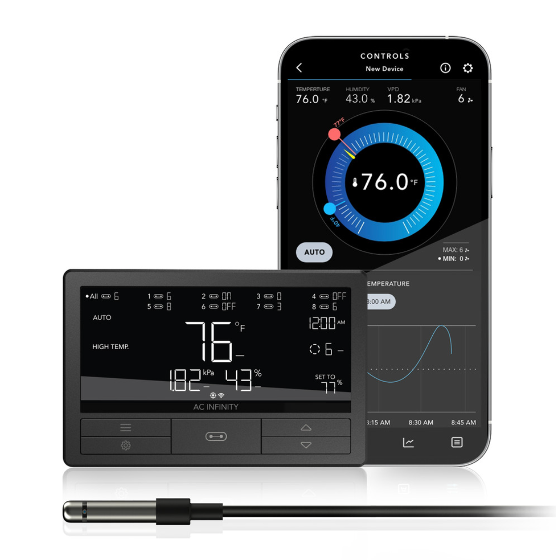 Smart thermostat and smartphone app on a white background