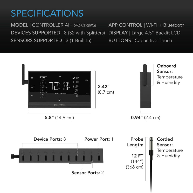 Advanced growing controller featuring multiple device ports and integrated sensors.