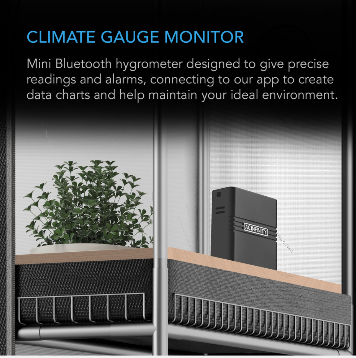 Climate gauge monitor on a desk with a plant, text about its features.