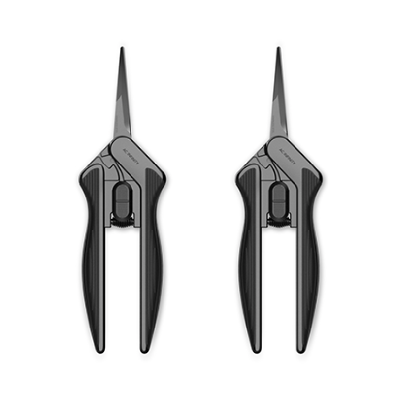 Ergonomic curved pruning shears featuring stainless steel blades for professional plant care and maintenance.