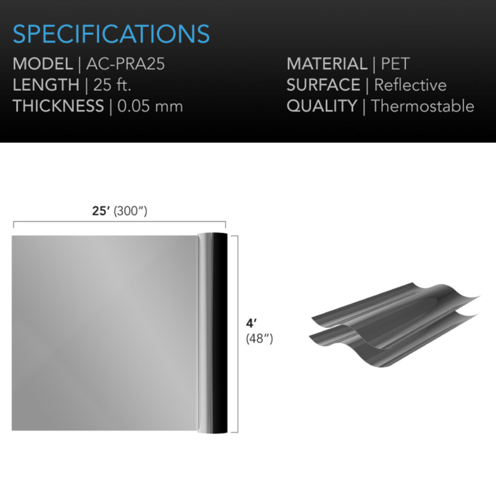 Mylar Film Roll, PET Reflective Foil Sheet, 4 x 100 ft.