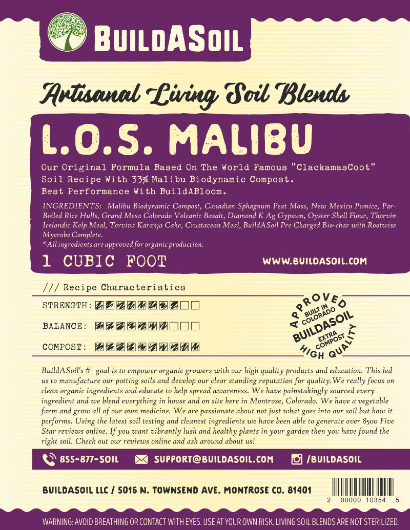 BuildASoil L.O.S. Malibu artisanal living soil blend featuring 33% Malibu biodynamic compost and premium organic ingredients, packaged in 1 cubic foot with detailed recipe characteristics for professional growing.