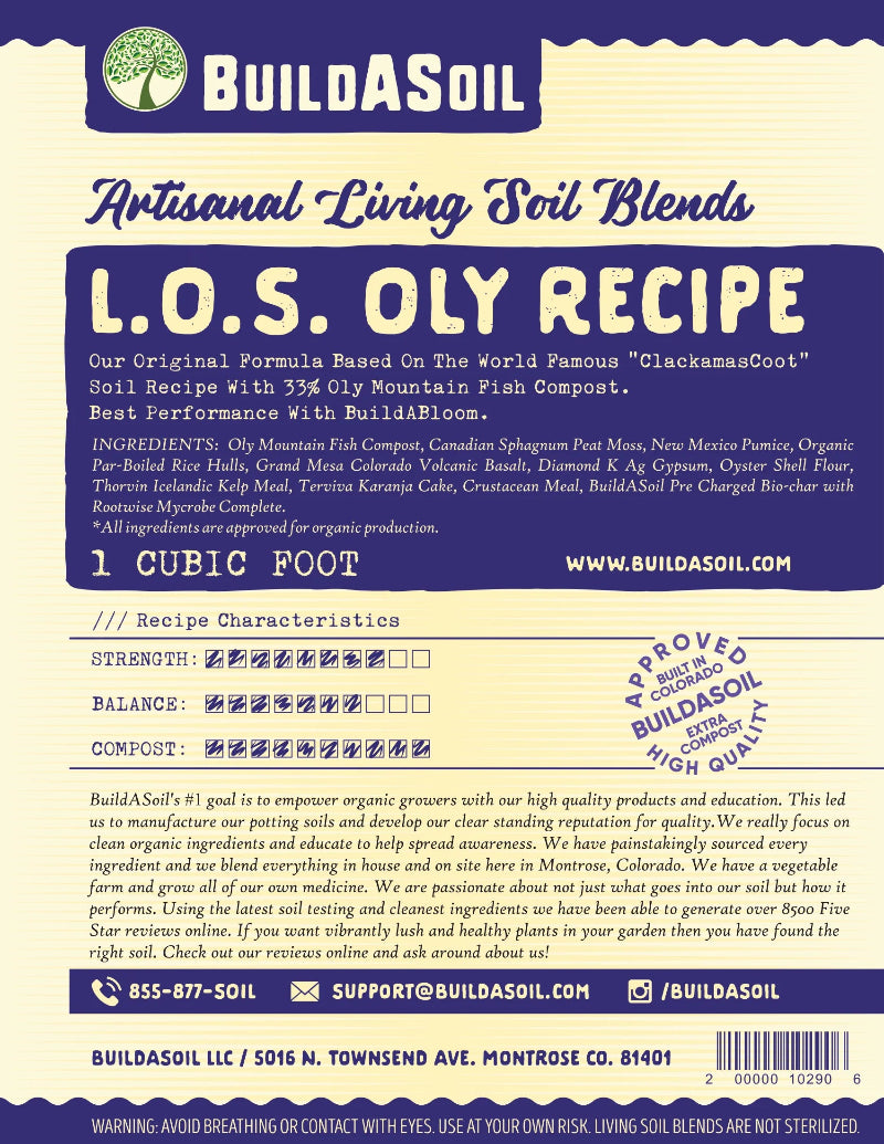 BuildASoil Oly living organic soil blend with high-quality mountain fish compost and performance ratings for professional cultivation.