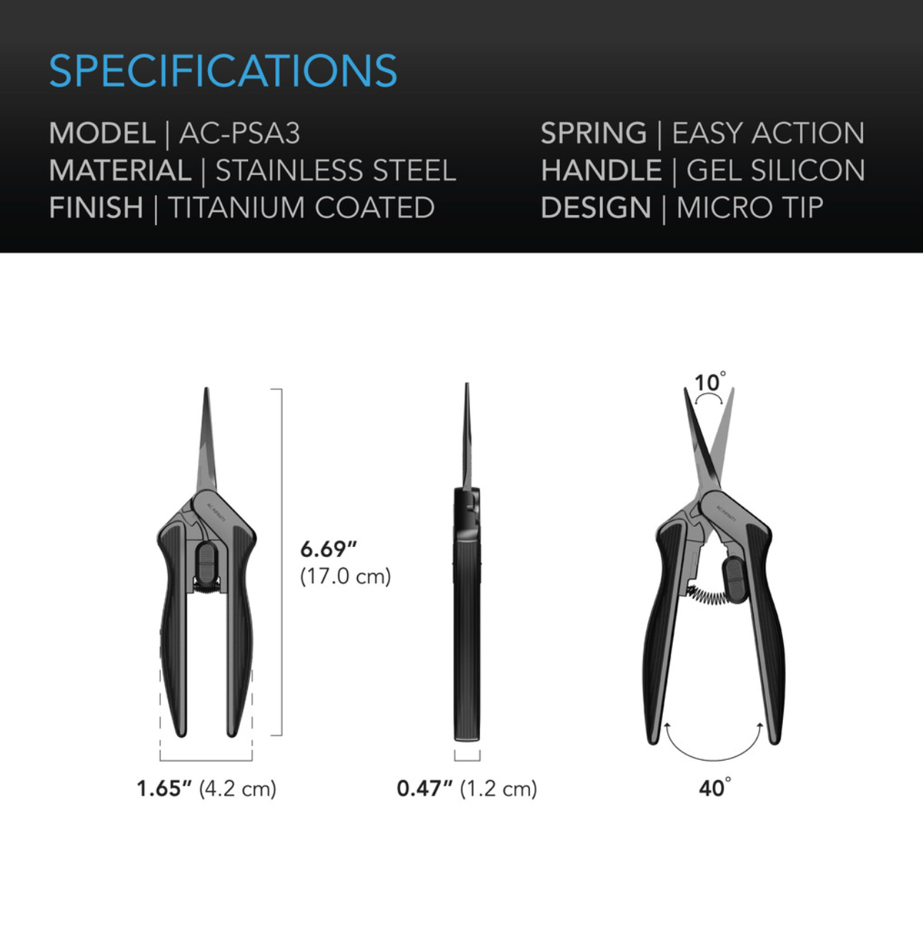 Technical specifications and measurements of a tool with a black background
