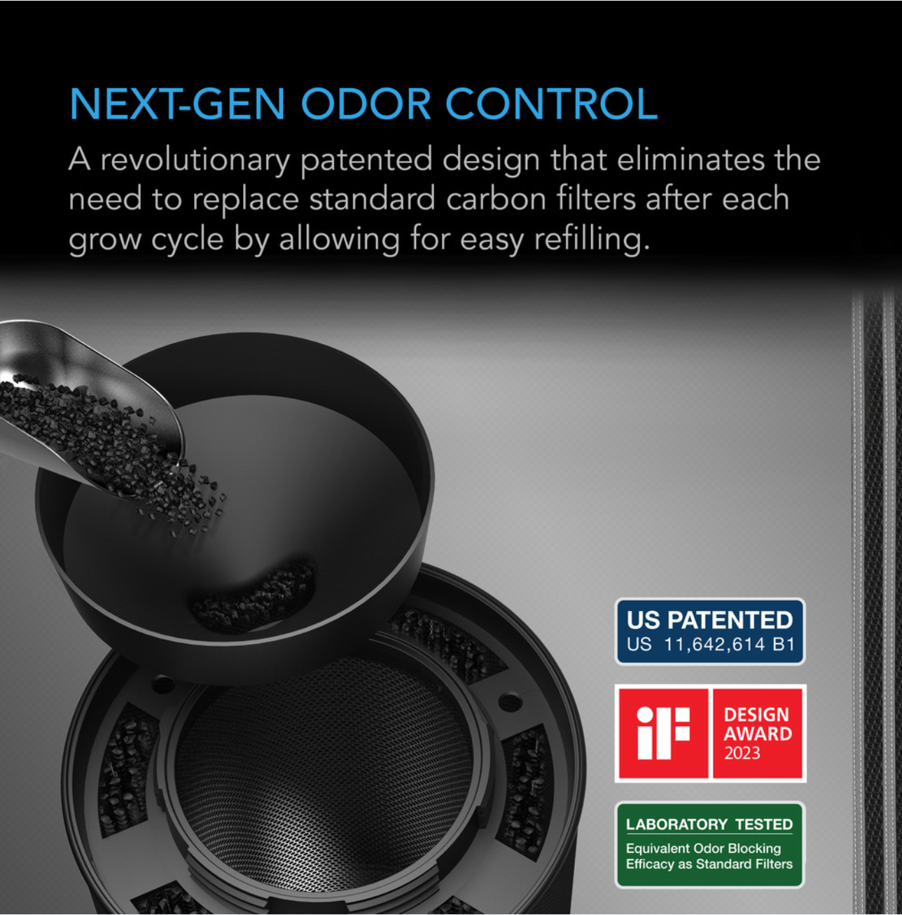Next-gen odor control system with a scoop of carbon filter material, featuring patent and award logos on a dark background.