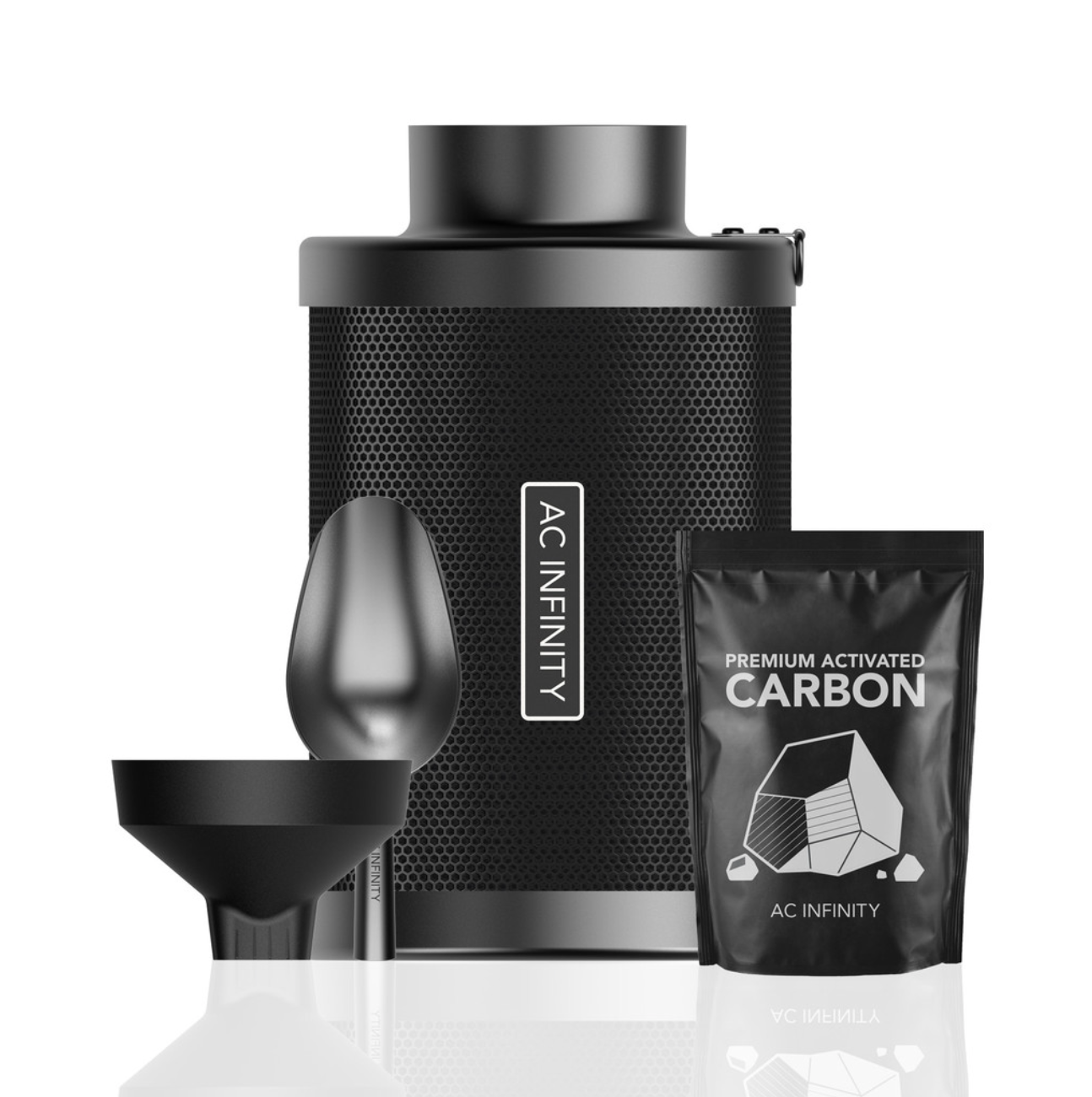 Black activated carbon product with packaging on a white background