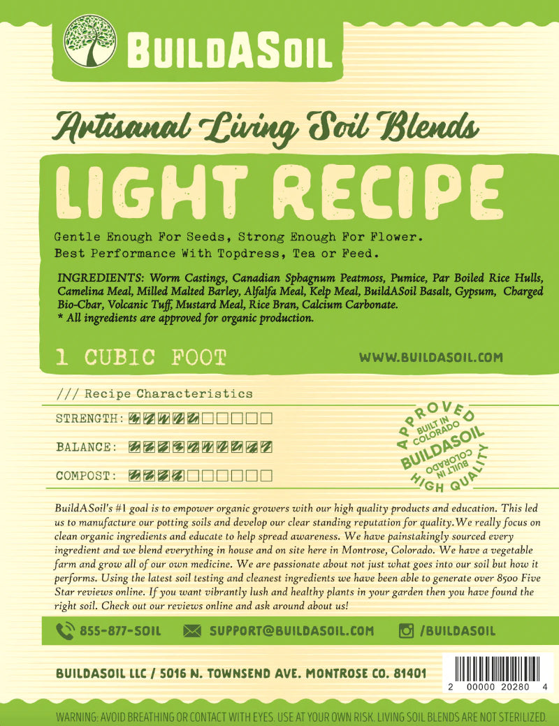 Premium BuildASoil Light Recipe organic soil mix with balanced nutrient profile for seeds and flowers, featuring certified organic ingredients