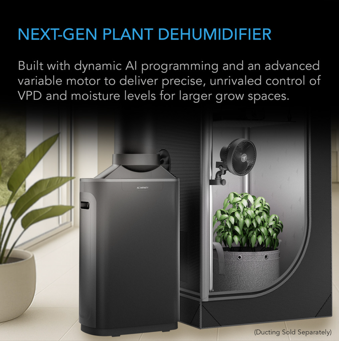 HYDRONE 7, Plant Dehumidifier with VPD Humidity Controls, 10 Drying Levels, AI Dynamic Programming, High-Precision PWM Motor, Intake Fan Mode, Dual Duct, up to 10x10 or Larger Grow Tents