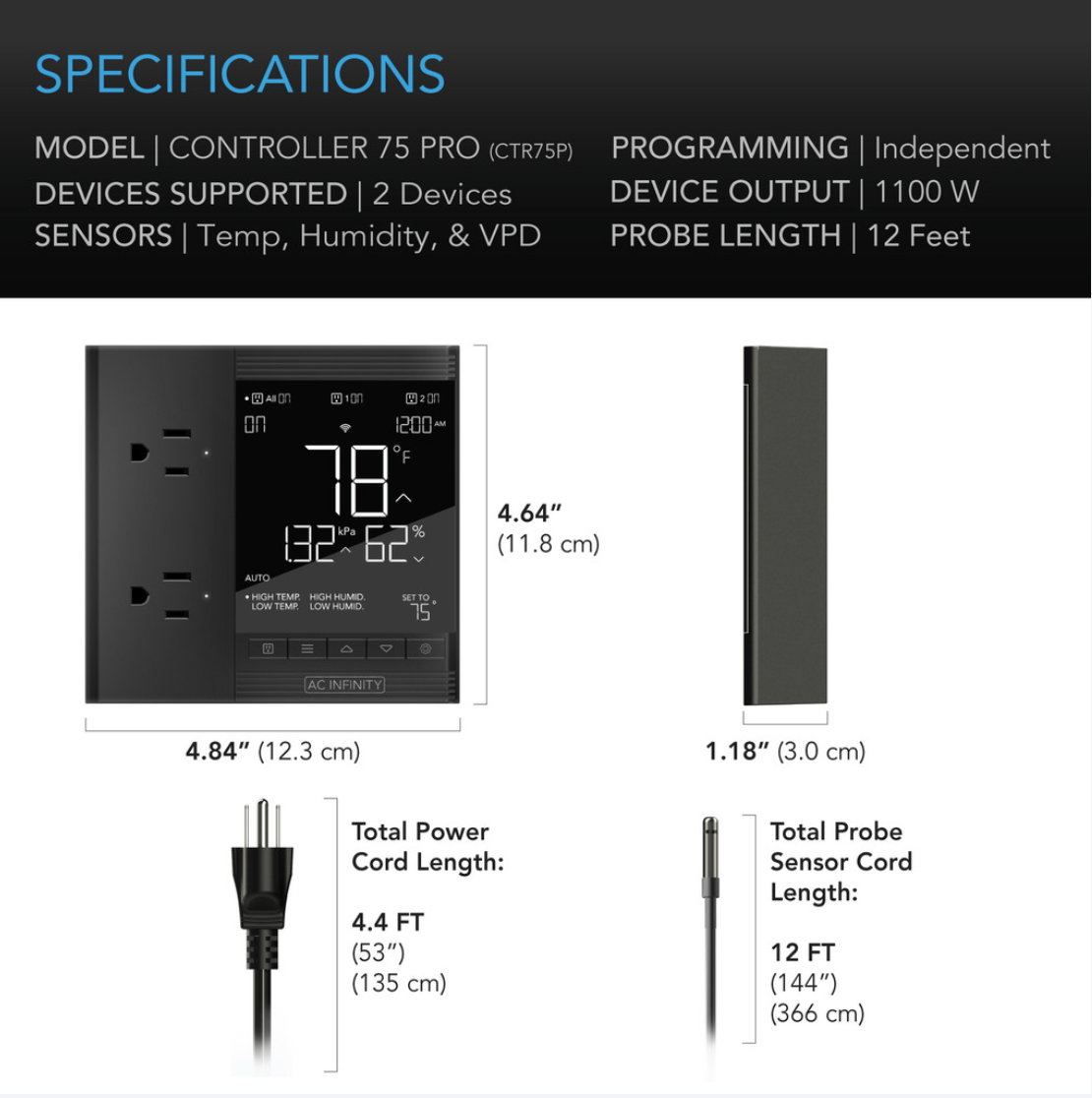 CONTROLLER 75 PRO, Independent Programs for Two Devices, Dynamic VPD, Temperature, Humidity, Scheduling, Data App, Bluetooth + WiFi, Desktop