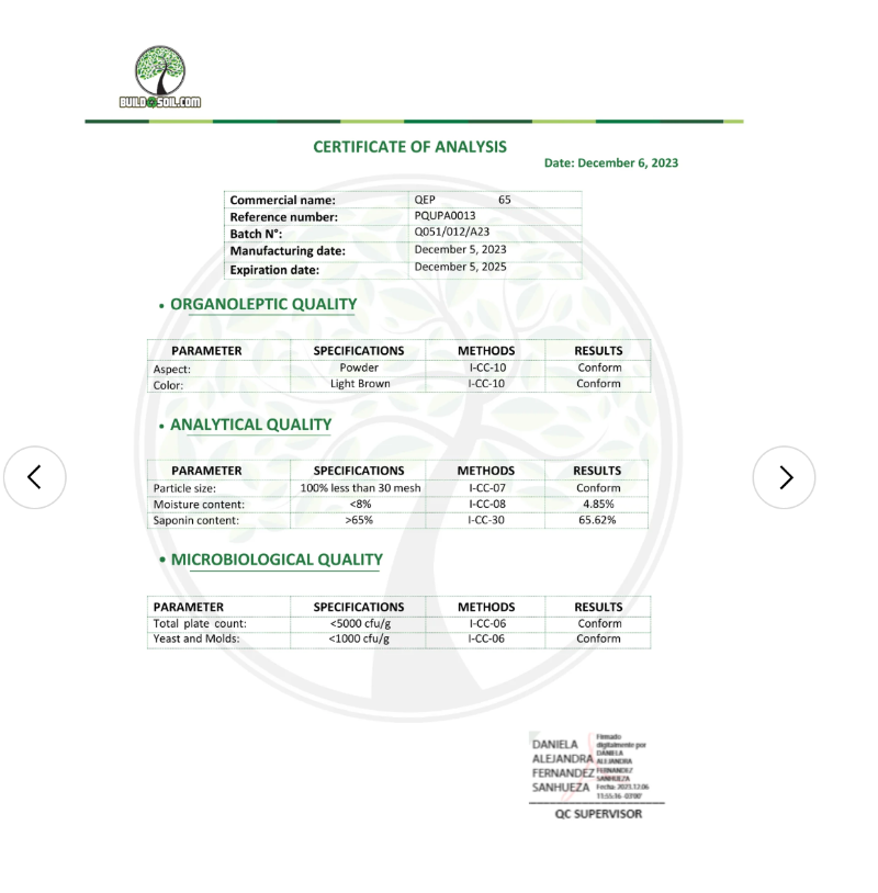 BuildASoil Quillaja Saponaria powder quality analysis certification organic wetting agent specs.