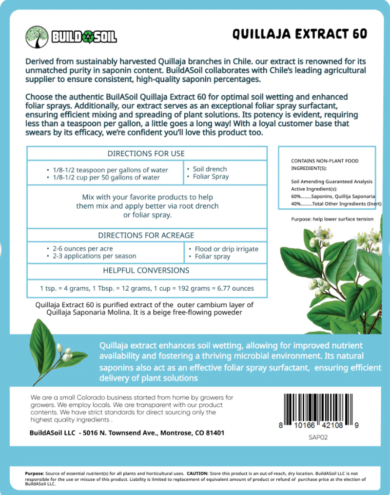 BuildASoil Quillaja Extract 60 application guide natural wetting agent organic soil amendment details.
