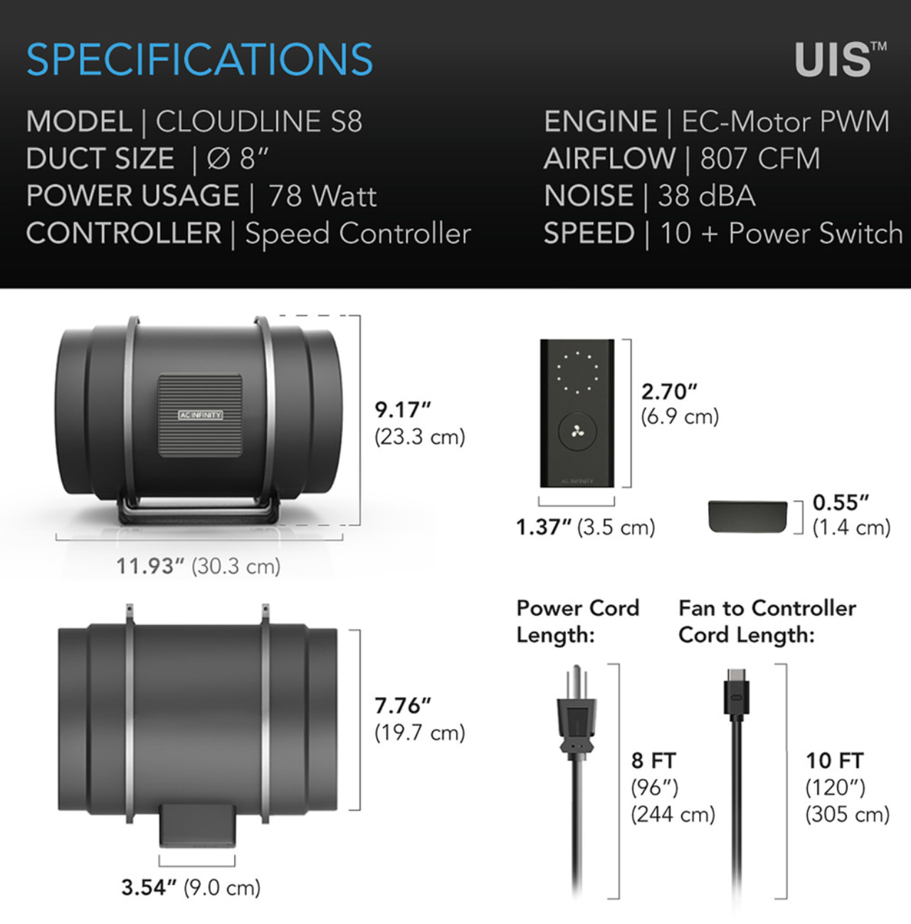 Technical specifications and features of a UIS Cloudline S8 fan on a black background