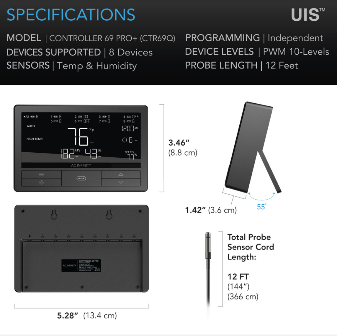 Specifications of a temperature and humidity controller with dimensions and features.
