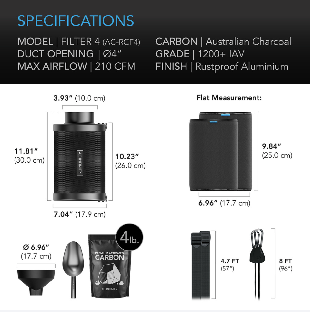 Product specifications for a carbon filter with dimensions and features listed.