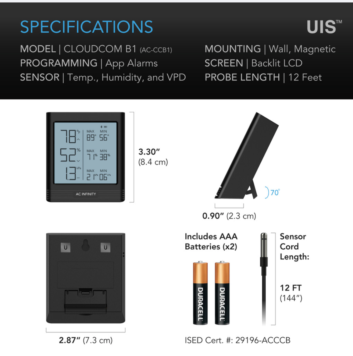 Technical specifications of a digital temperature and humidity sensor with measurements and features listed.