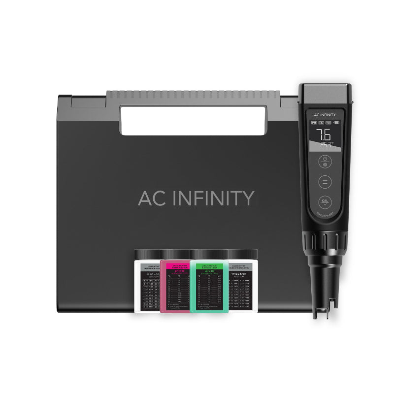 AC Infinity professional hydroponic pH meter kit featuring digital display pen with calibration solutions and carrying case, complete with interchangeable probe for comprehensive water quality testing.