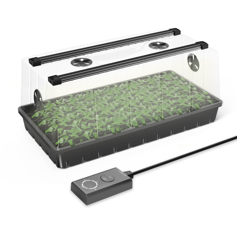 Complete humidity dome propagation kit featuring height extension, 5x8 cell tray, LED grow light bars, and smart controller for indoor plant propagation and seedling growth.