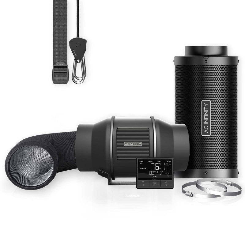 AC Infinity 6-inch air filtration kit featuring CloudLine Pro inline fan, digital smart controller with temperature display, premium carbon filter, flexible ducting, and mounting accessories in a complete ventilation system package.