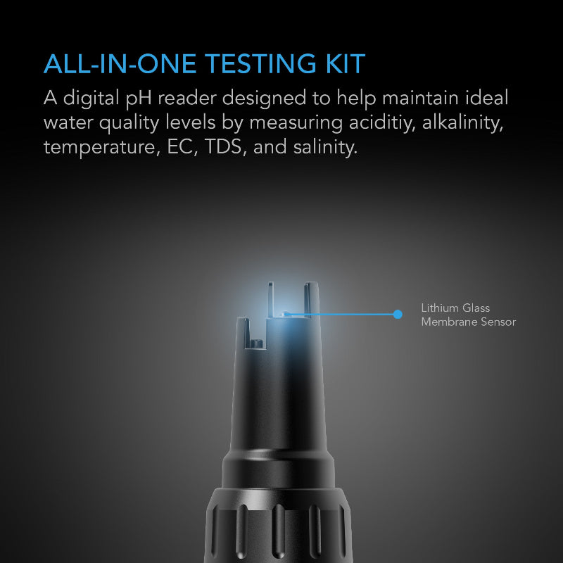 Professional hydroponic pH meter featuring lithium glass membrane sensor for measuring acidity, alkalinity, temperature, EC, TDS, and salinity levels in water quality testing.
