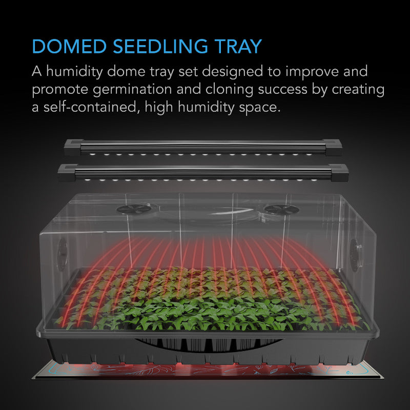 Cross-section view of humidity dome system showing LED grow light coverage pattern in red, healthy seedling growth, and heated mat integration for optimal germination environment.