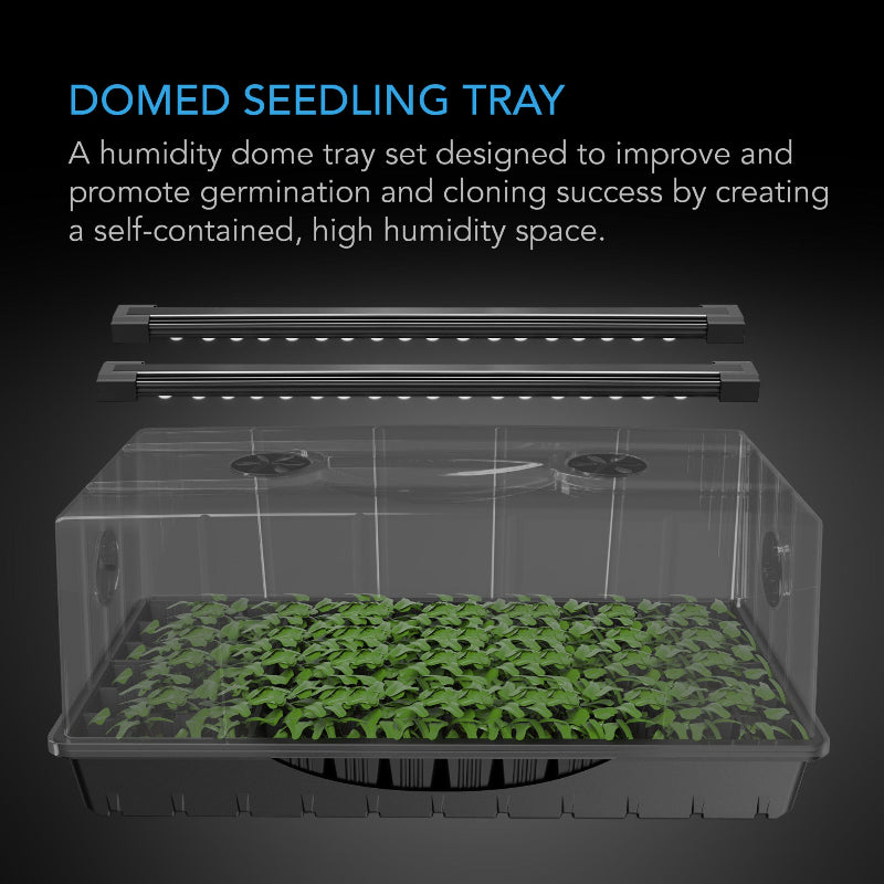 Humidity dome propagation system with LED grow lights and 5x8 cell tray showing seedling growth in a controlled environment for optimal germination and cloning success.