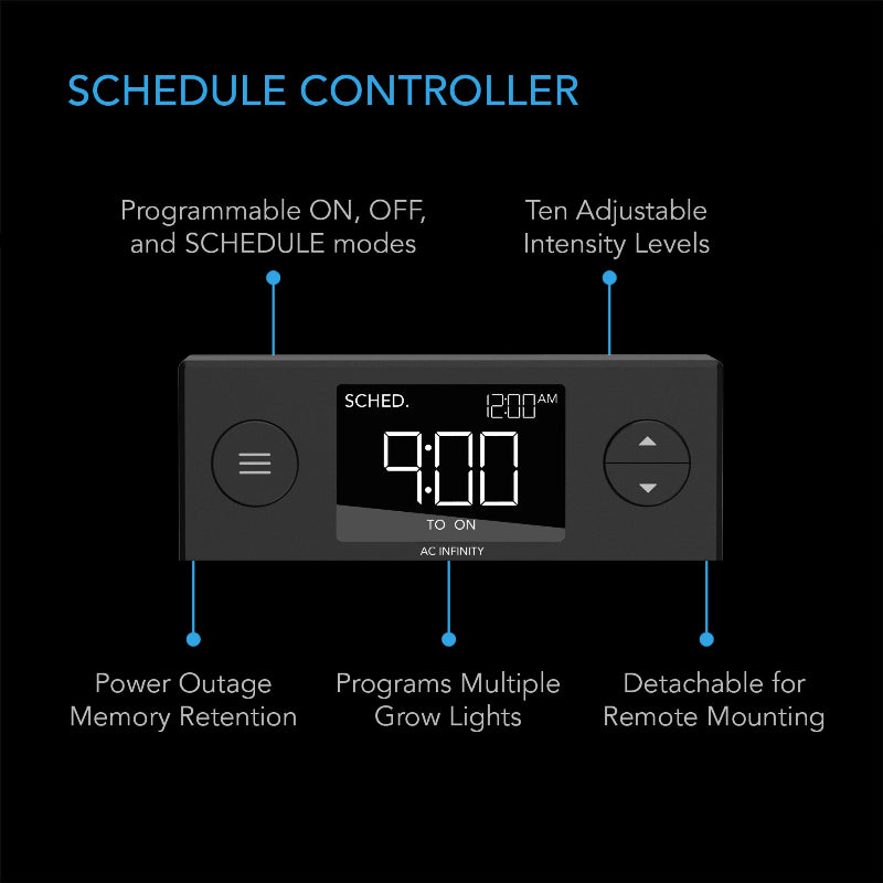 IONBEAM U2 LED grow light controller featuring programmable scheduling, 10 intensity levels, power outage memory, and remote mounting capabilities for professional plant cultivation.