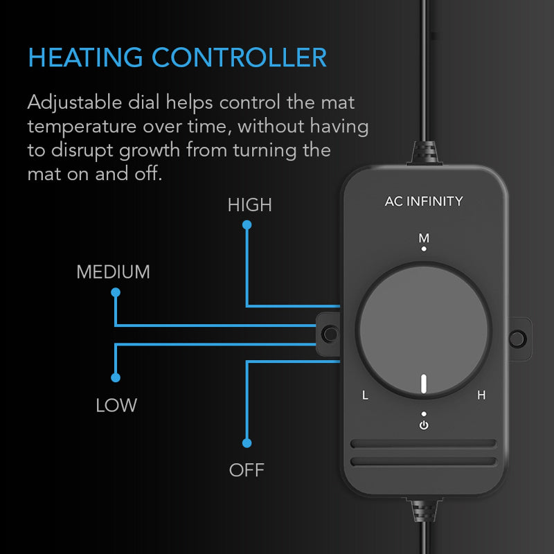 AC Infinity heating controller with adjustable dial featuring low, medium, and high temperature settings for optimal propagation environment control.