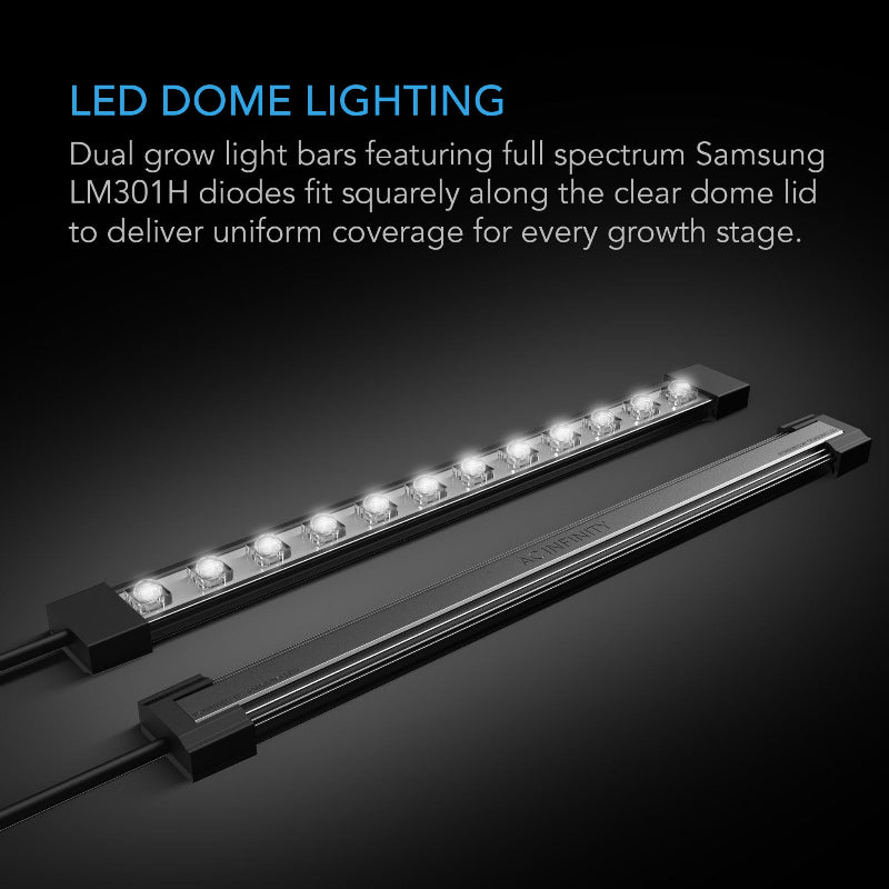 Humidity dome LED lighting system with dual Samsung LM301H full spectrum grow light bars for propagation kit and 5x8 cell tray seedling growth.