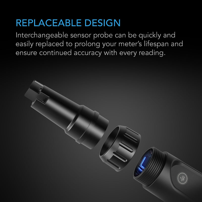 Exploded view of professional hydroponic pH meter showing replaceable sensor probe with quick-connect design for extended lifespan and measurement accuracy.