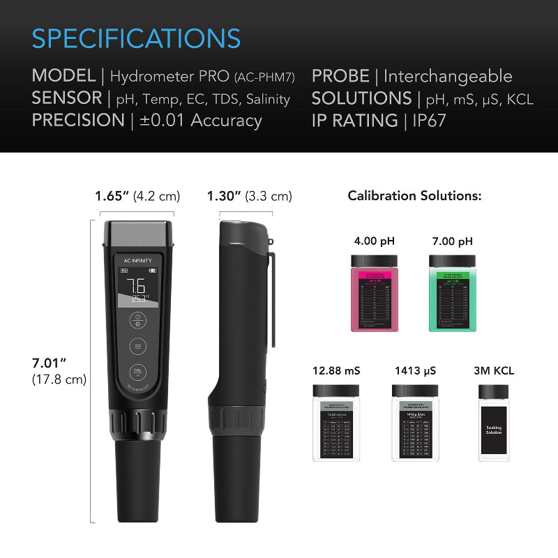 Professional Hydrometer PRO AC-PHM7 with technical specifications, including dimensions (7.01" length), calibration solutions (4.00-7.00 pH), and complete testing kit for pH, temperature, EC, TDS, and salinity measurements.