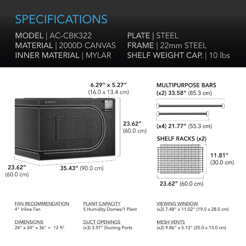 CLOUDLAB AC-CBK322 Grow Tent Specifications - 24x24x36 inches with Dimensions, Support Bars, Shelf Racks, and Ventilation Details.