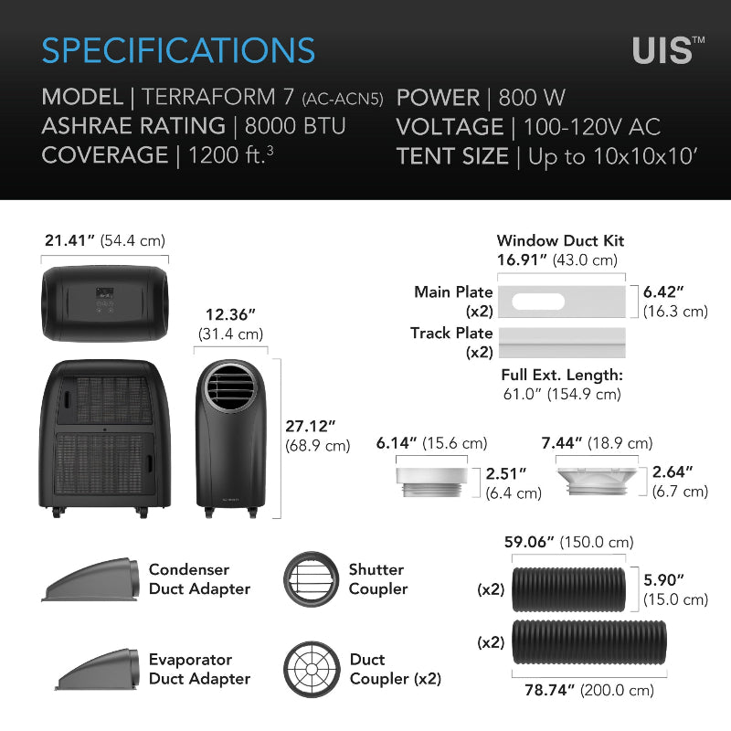 TERRAFORM 7 Professional 8000 BTU climate control system with integrated heating, cooling, and dehumidification for grow tents