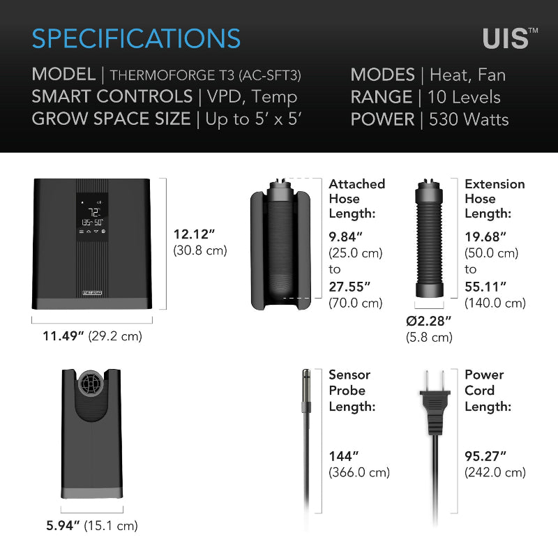 THERMOFORGE T3 AC-SFT3 Smart Controller Specifications, Indoor Growing Equipment with VPD and Temperature Controls, 530W Power, Dual Modes for 5'x5' Grow Space.