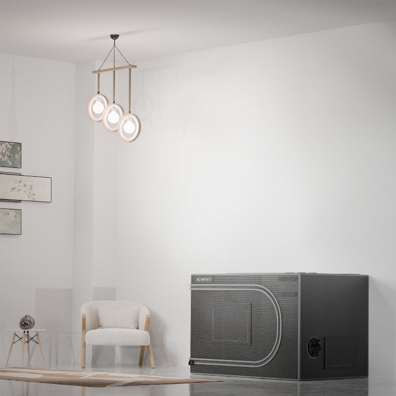 AC Infinity compact Indoor Growing System with 2000D Mylar Canvas in Modern Home Setting.