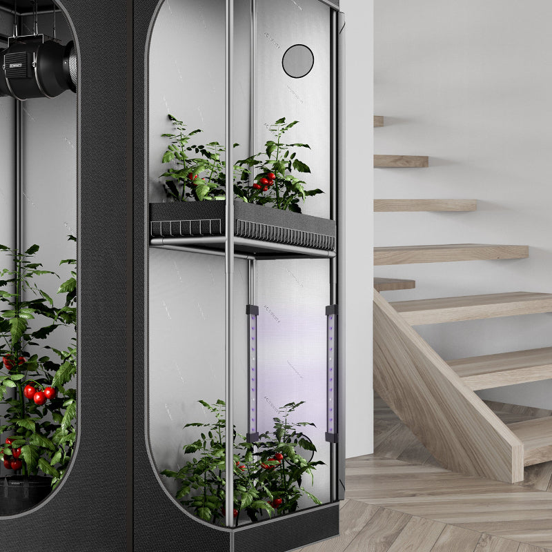 IONBEAM U2 dual UV LED grow light bars illuminating indoor plants in modern grow cabinet, featuring targeted spectrum technology with 11-inch bars for efficient plant growth.