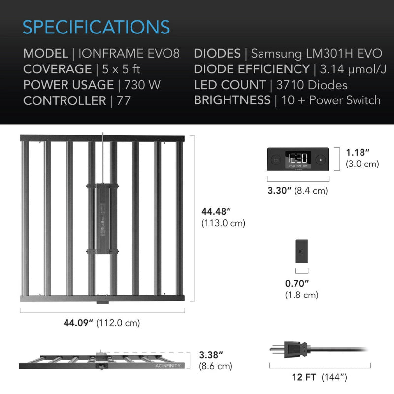 Technical specifications and dimensional diagram for IONFRAME EVO8 LED grow light system, featuring detailed measurements of the 5x5 ft frame, controller interface, and power cord, along with key specs including 730W power usage, 3710 Samsung LM301H EVO diodes, and brightness controls.