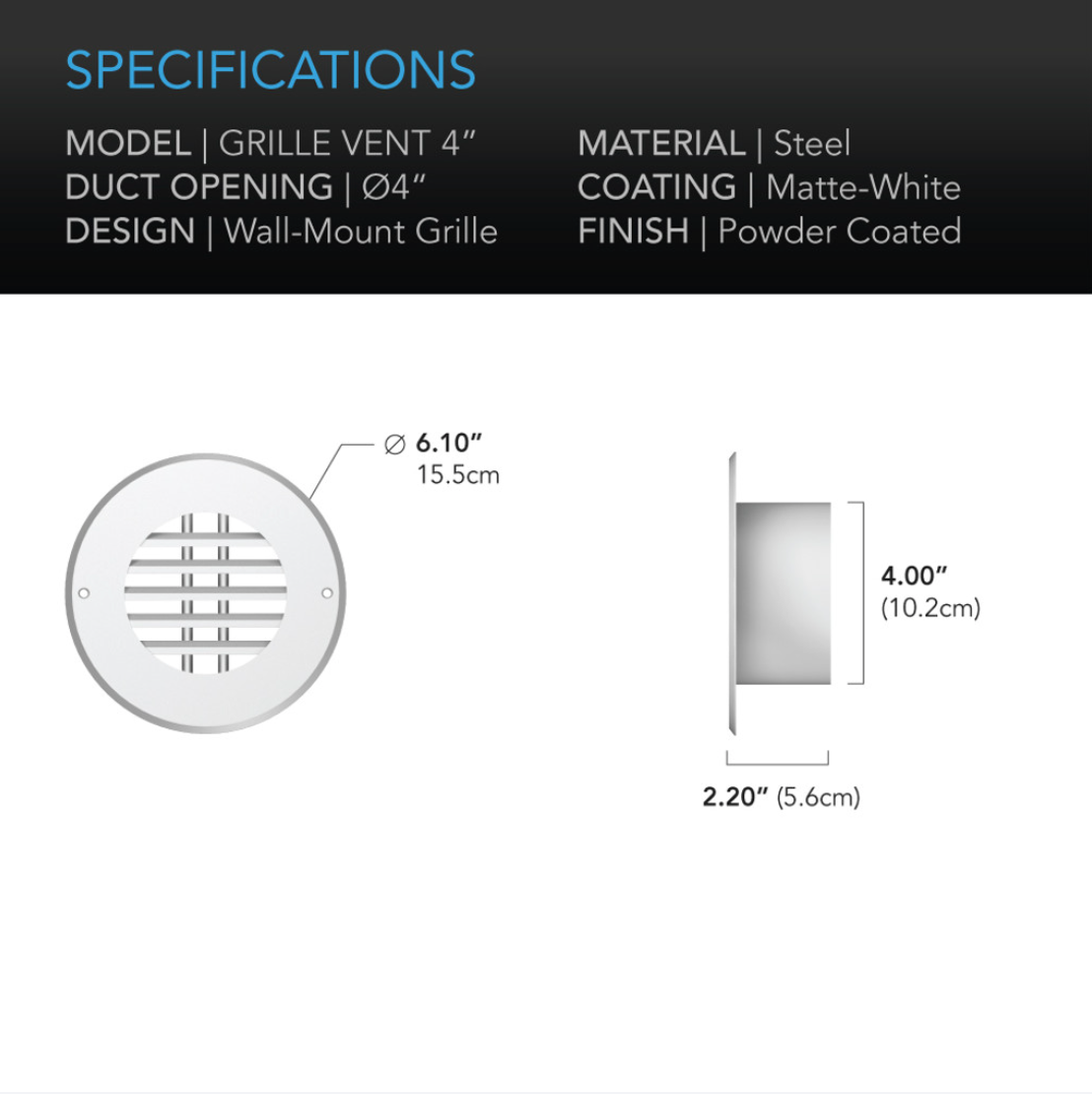 Grille vent specifications with dimensions and material details on a white background