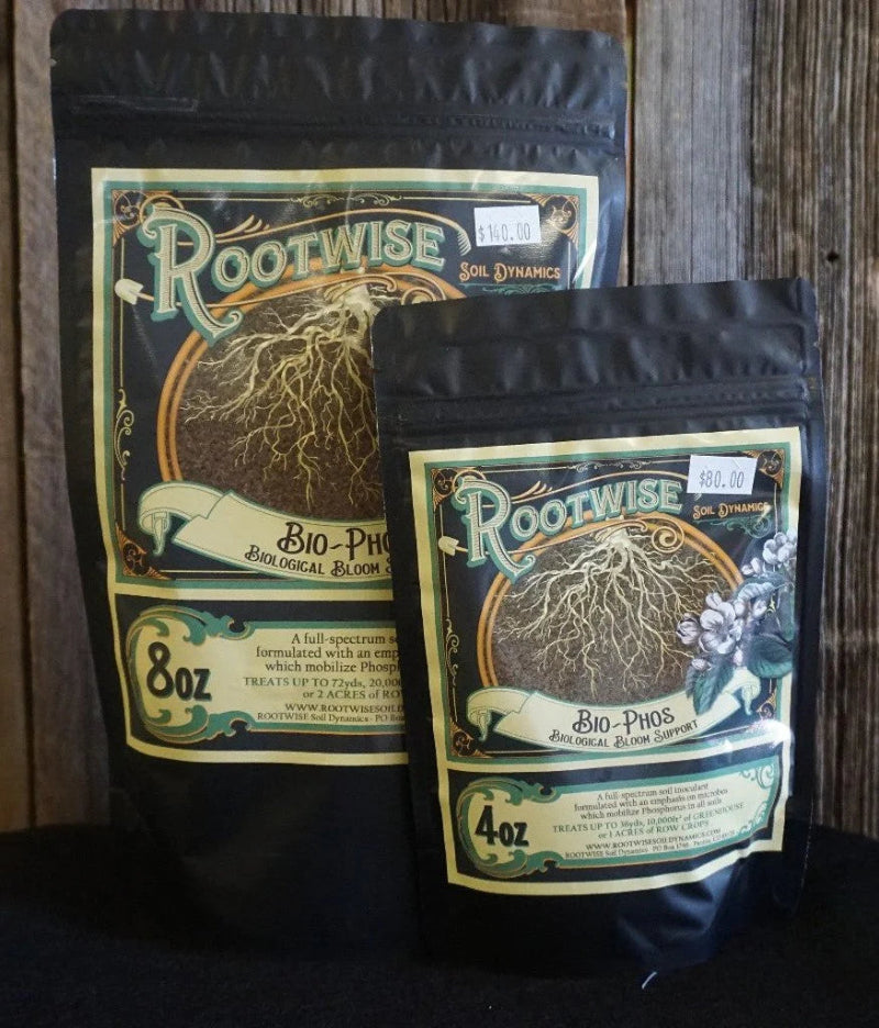 Professional-grade Rootwise Bio-Phos organic supplement packages with decorative root system artwork and size options.