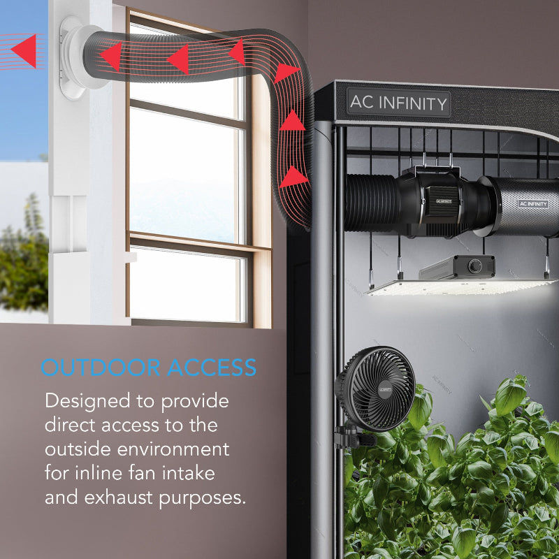 AC Infinity window duct system demonstrating outdoor air exchange capabilities for intake and exhaust applications.