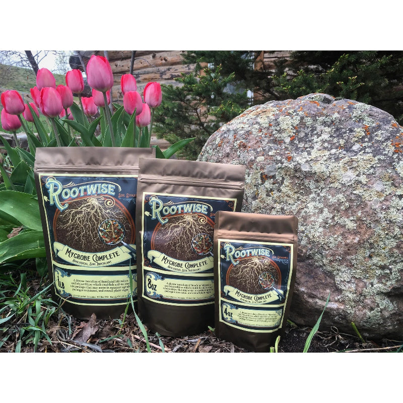 Rootwise Mycrobe Complete microbial soil supplement shown in three package sizes, displayed outdoors with pink tulips and natural stone backdrop.