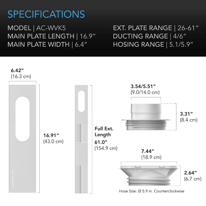Window duct kit technical specifications showing dimensions for AC-WVK5 model - features adjustable plate range of 26-61 inches and compatibility with 4-6 inch ducting.