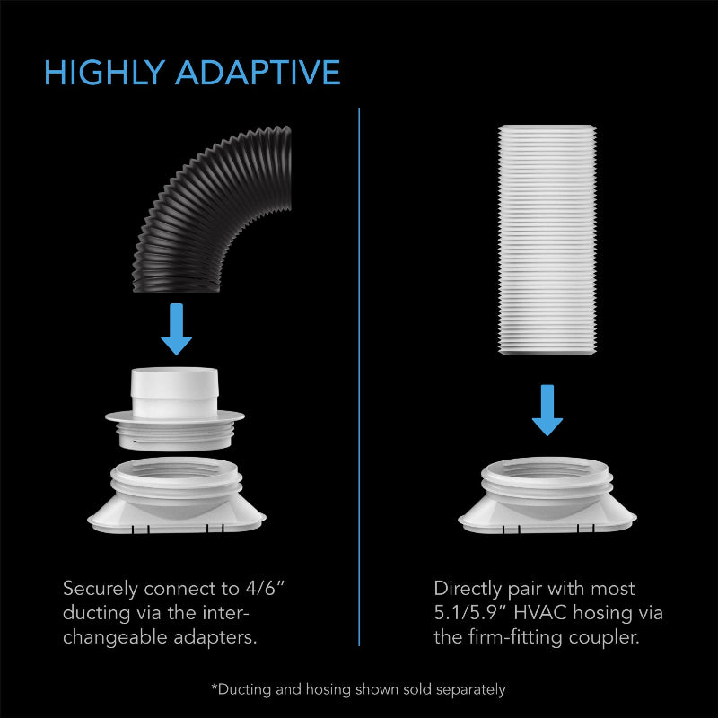Window duct kit compatibility diagram showing dual adapter options - connects with 4/6-inch ducting and 5.1/5.9-inch HVAC hosing for versatile ventilation setup.