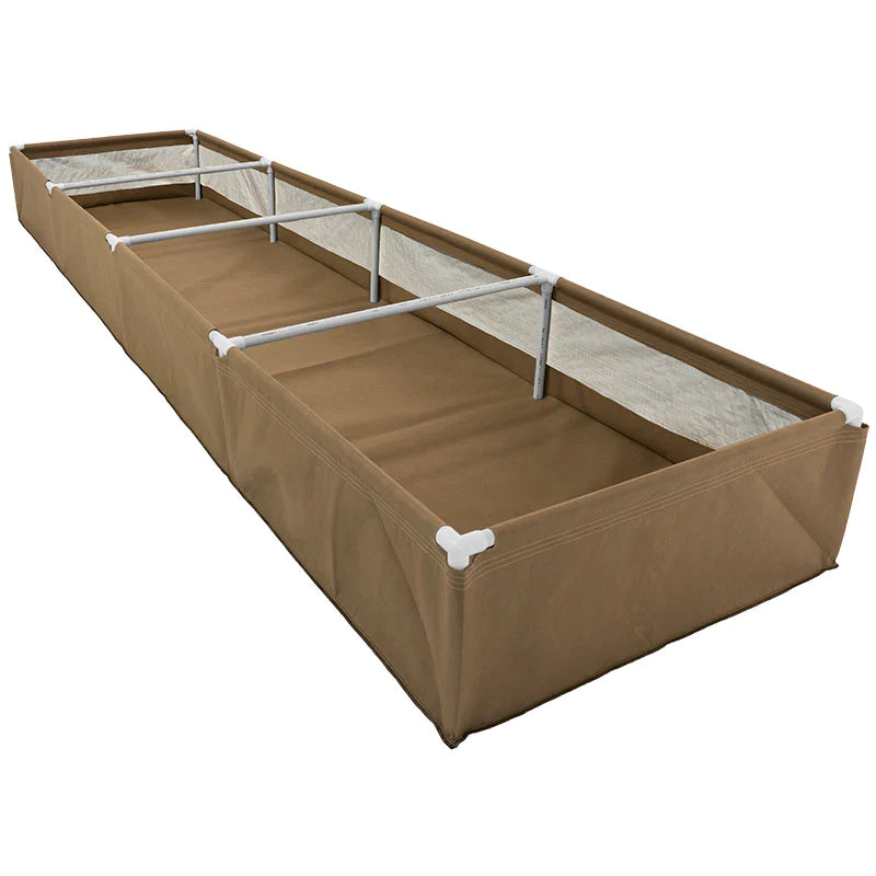 Grassroots Living Soil Beds - modular raised garden bed system with durable tan fabric and support frame for organic growing.