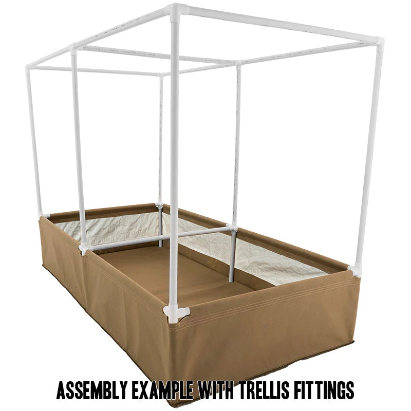 Grassroots Living Soil Bed with trellis support system - modular fabric garden bed featuring white frame assembly for vertical growing.